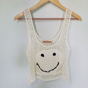 Reverse Crochet Smiley‎ Face Tank Top Sleeveless Knit Boho Festival Summer